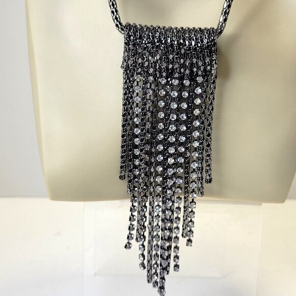 Gunmetal Tone Long Necklace with Crystal tassels - Picture 4 of 16